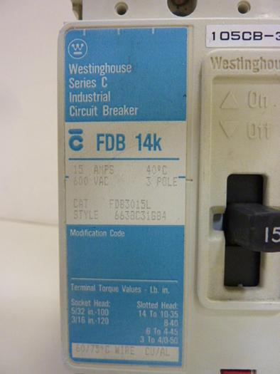 Used WESTINGHOUSE 15 Amp Circuit Breaker FDB3015L #46713