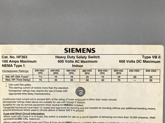 Used SIEMENS 100 Amp Safety Disconnect Switch HF363 #120532
