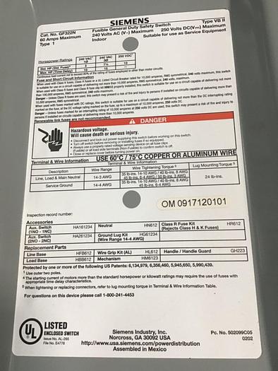 Used SIEMENS General Duty Safety Disconnect Switch GF322N VBII #137858