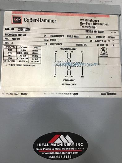 Used CUTLER HAMMER 3 kVA Transformer S20N11S03N #124046