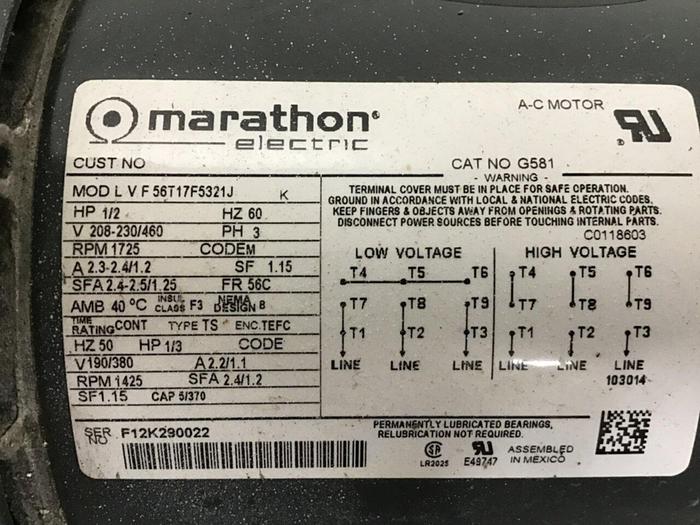 Used MARATHON ELECTRIC 1/2 HP AC Motor LVF56T17F5321J #127686