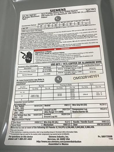 Used SIEMENS 30 Amp Safety Disconnect Switch HNF361 VBII #65445