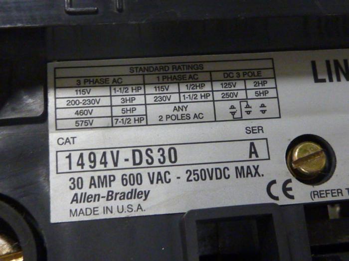 Used ALLEN BRADLEY 30 Amp Disconnect Switch 1494V-DS30 SER A #57432