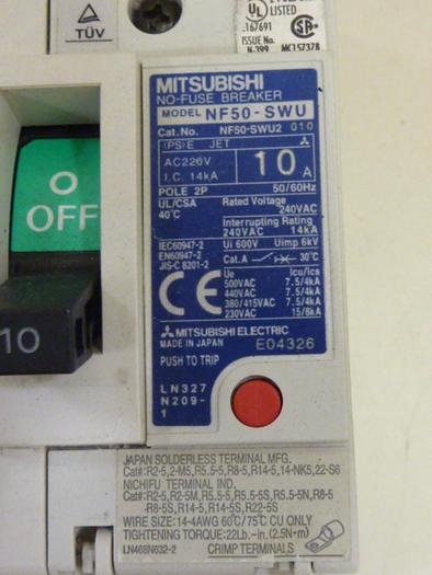 Used MITSUBISHI 10 Amp No-Fuse Circuit Breaker NF50-SWU2-10 #60744
