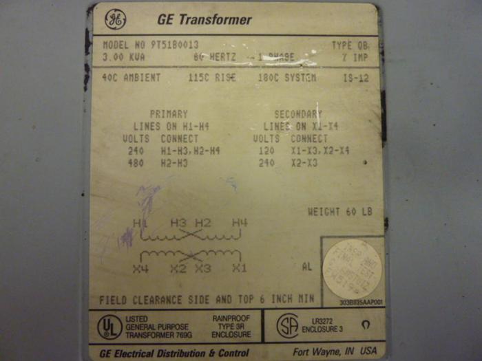 Used GENERAL ELECTRIC 3.00 kVA Transformer 9T51B0013 #54029