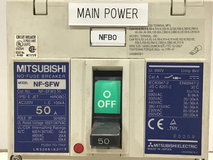 Used MITSUBISHI 50 Amp Breaker NF-SFW350 #124619