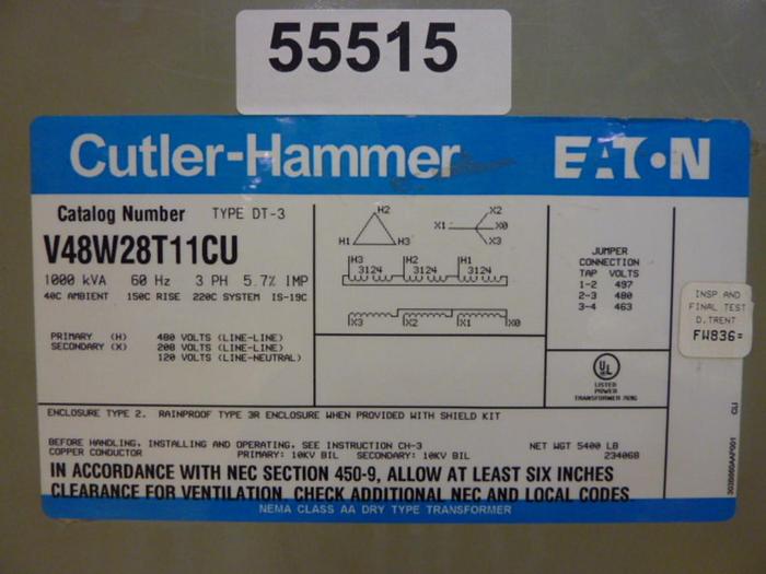 Used CUTLER HAMMER 1000 kVA Transformer V48W28T11CU USED
