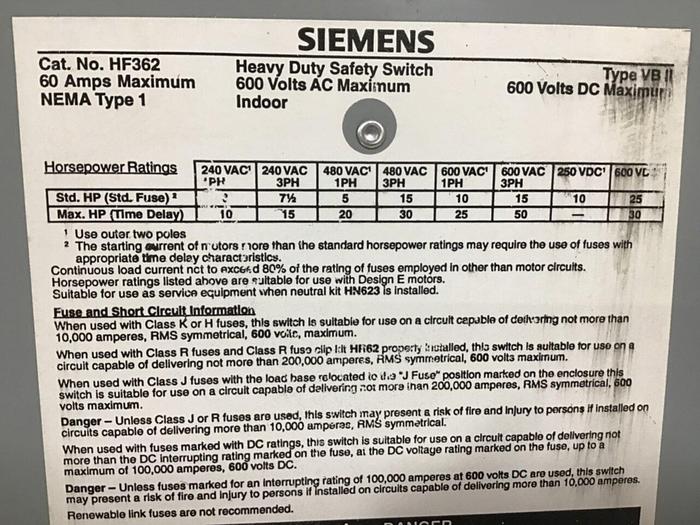 Used SIEMENS Heavy Duty Safety Disconnect Switch HNF362 #130228