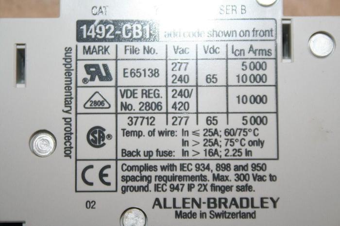 Used ALLEN BRADLEY 10 Amp Circuit Breaker 1492-CB1/G100 SER B #46986