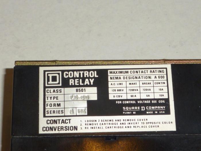 SQUARE D Control Relay 8501-L0-40 USED