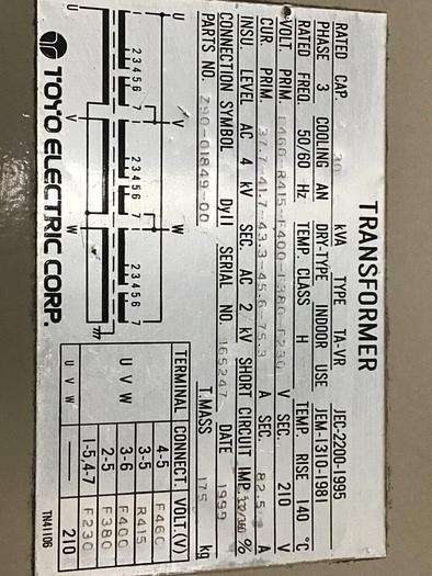 Used TOYO CORP 30 kVA Transformer Z90-01849-00 #132907