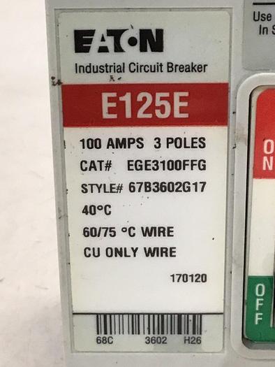 Used EATON CORP 100 Amp Circuit Breaker EGE3100FFG #135393