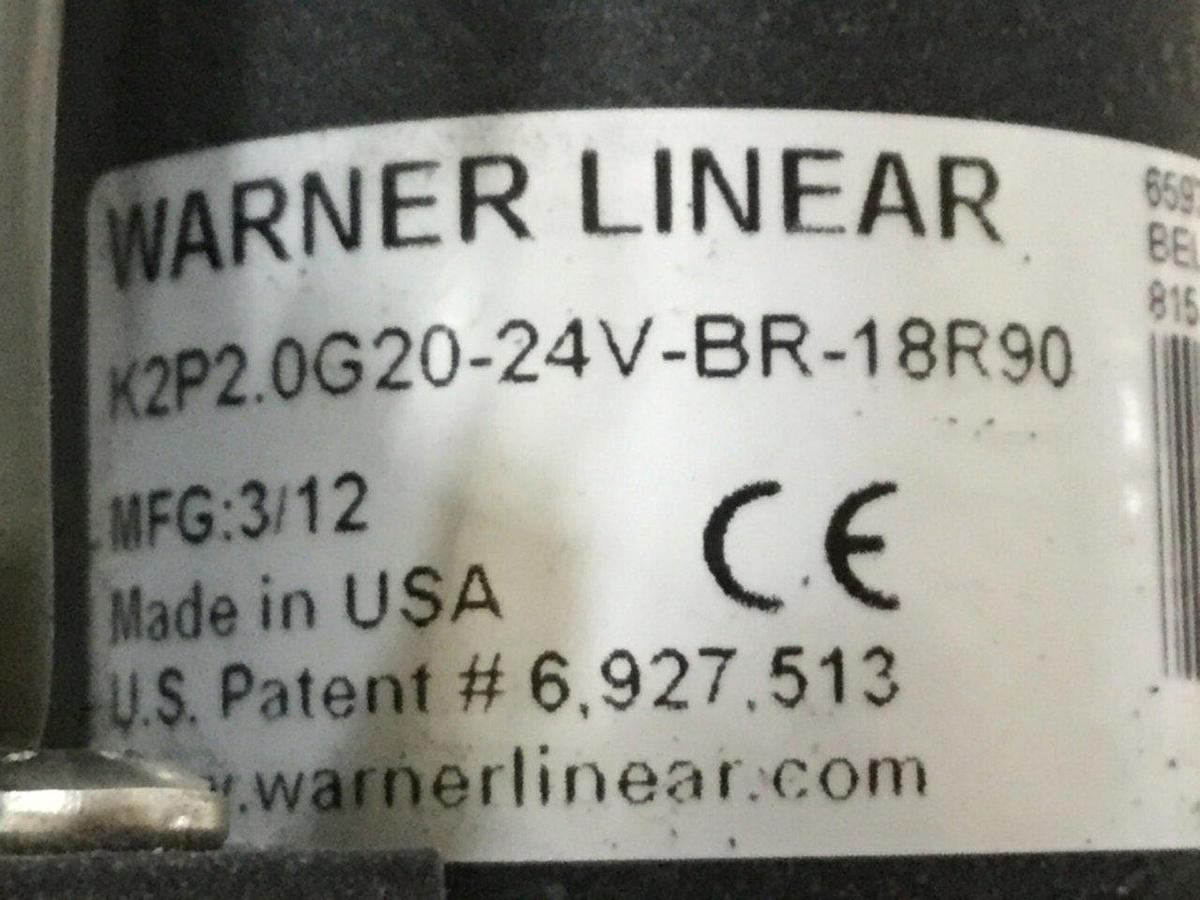 Used WARNER LINEAR Electromechanical Actuator K2P2.0G20-24V-BR-18R90 USED