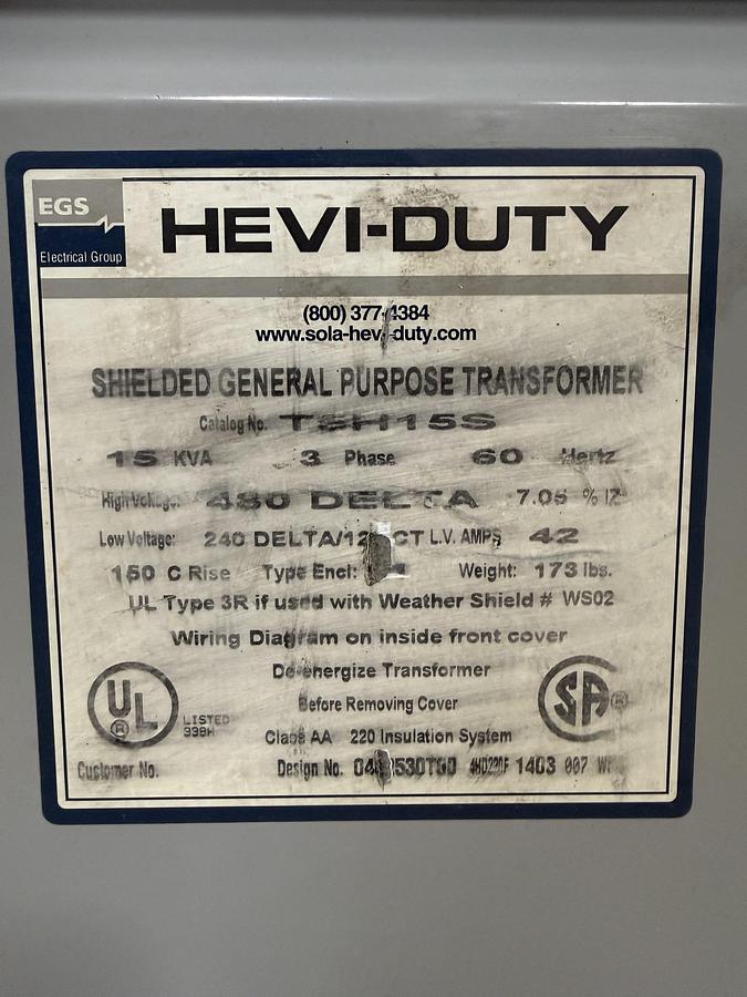 Used EGS HEVI-DUTY TRANSFORMER TSH15S
