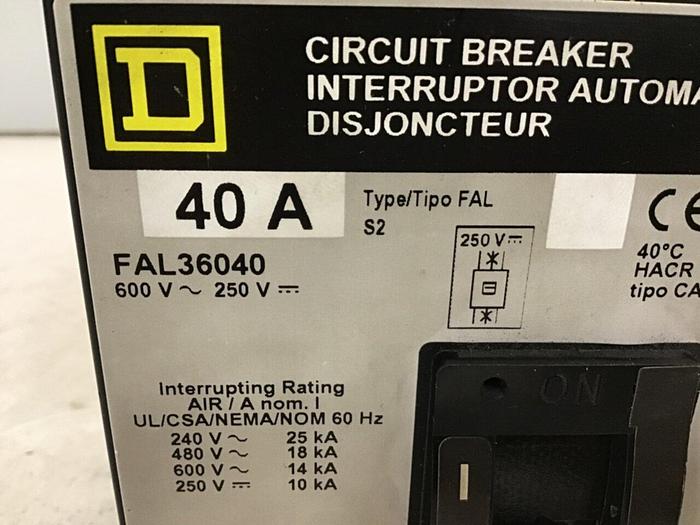 Used SQUARE D 40 Amp Circuit Breaker FAL36040 #138393
