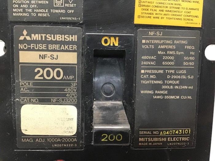Used MITSUBISHI 200 Amp Breaker NF-SJ3200 Used