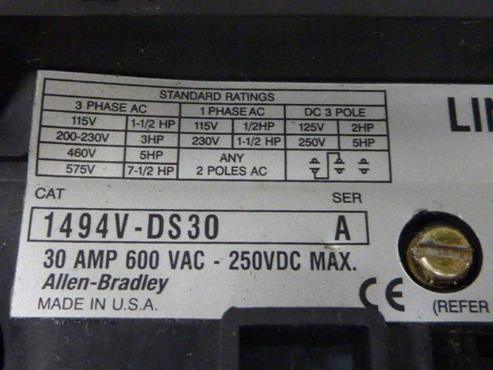 Used ALLEN BRADLEY 30 Amp Disconnect Switch 1494V-DS30 SER A #57425