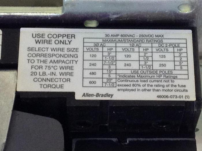 Used ALLEN BRADLEY Line Terminal Guard Disconnect 1494V-DS30 SER D #86698