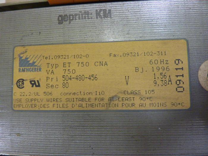 Used RATHGEBER 0.75 kVA Transformer ET750CNA #50799