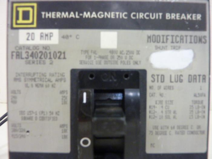 Used SQUARE D 20 Amp Circuit Breaker FAL340201021 #46769