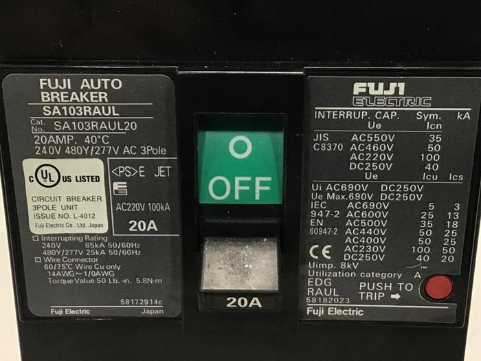Used FUJI ELECTRIC 20 Amp Circuit Breaker SA103RAUL20 #119750
