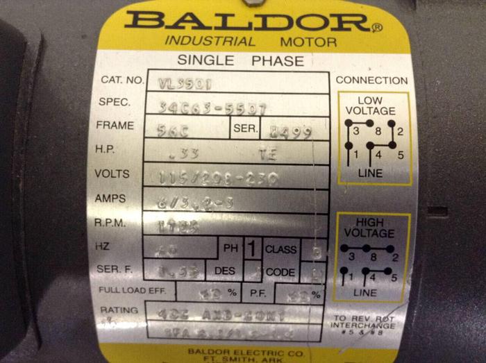 Used BALDOR .33 HP Industrial Motor VL3501 USED