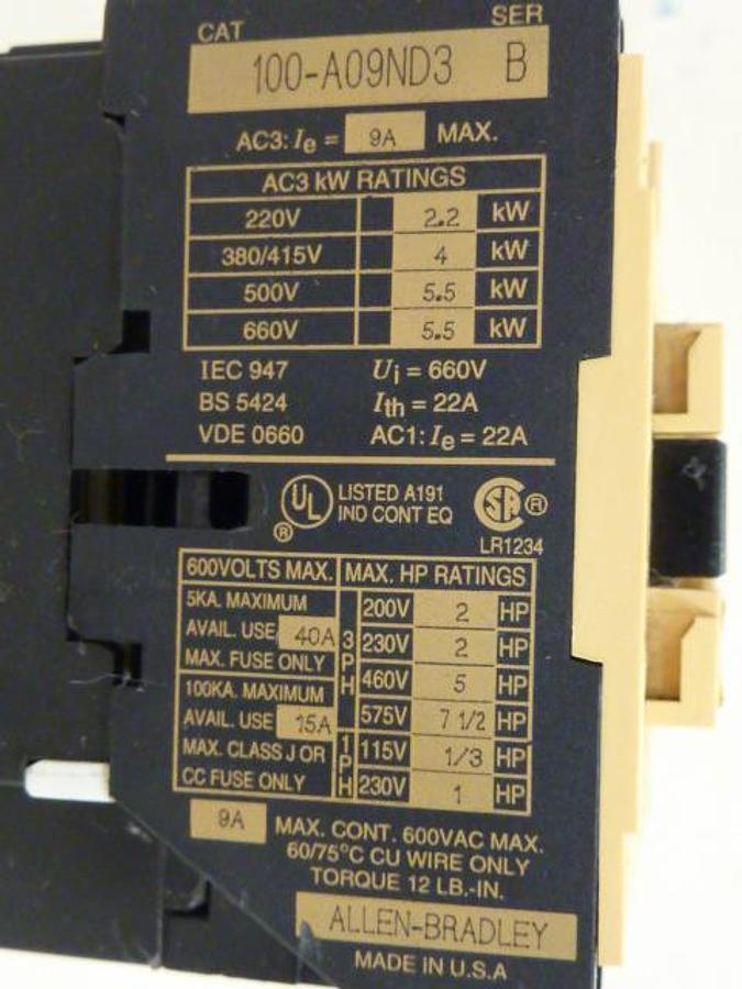 Used ALLEN BRADLEY Contactor 100-A09ND3 SER B Used