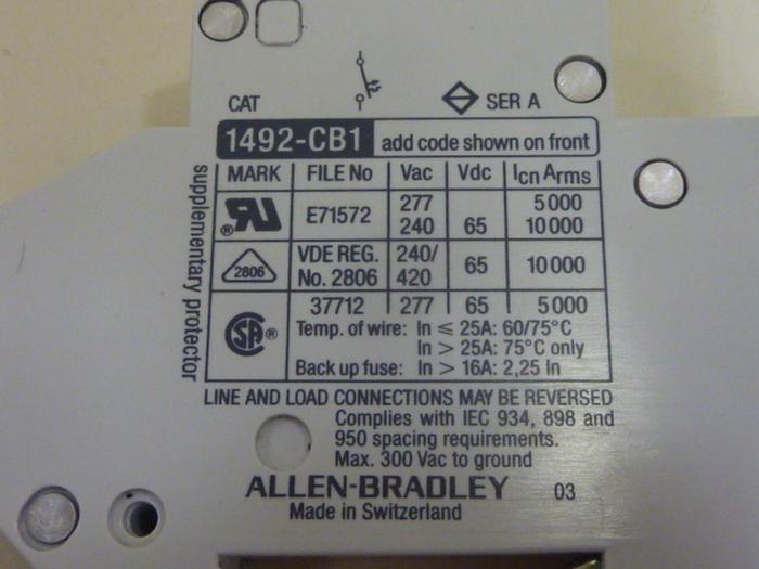 Used ALLEN BRADLEY 3 Amp Circuit Breaker 1492-CB1/G030 SER A #63797