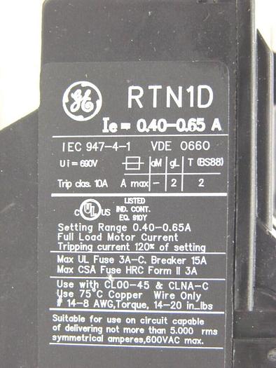 Used GENERAL ELECTRIC / GE Overload Relay RTN1D Used