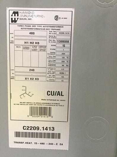 Used HAMMOND 15 kVA Autotransformer 138688 #138817