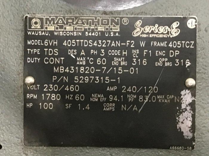 Used MARATHON 100 HP Motor 6VH 405TTDS4327AN-F2 Used