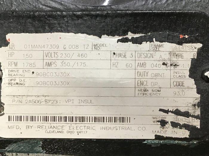 Used RELIANCE ELECTRIC 150 HP Motor 01MAN47309 G008 TZ Used