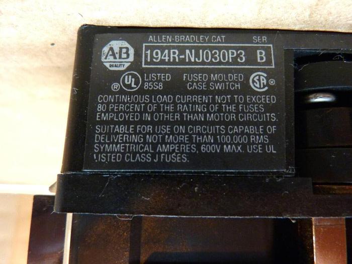 Used ALLEN BRADLEY 30 Amp Disconnect Switch 194R-NJ030P3 SER B #24217