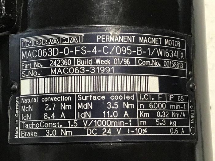 Used INDRAMAT Permanent Magnet Motor MAC063D-0-FS-4-C/095-B-1/WI634LX Used