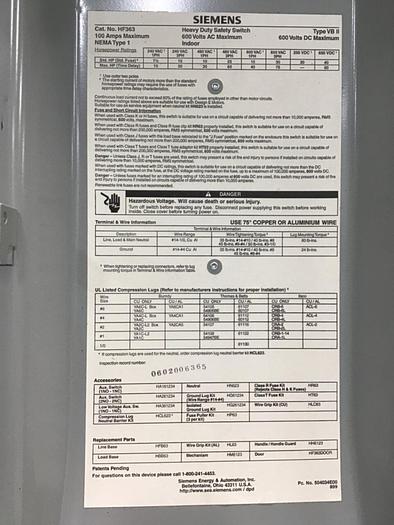 Used SIEMENS 100 Amp Safety Disconnect Switch HF363 #120531