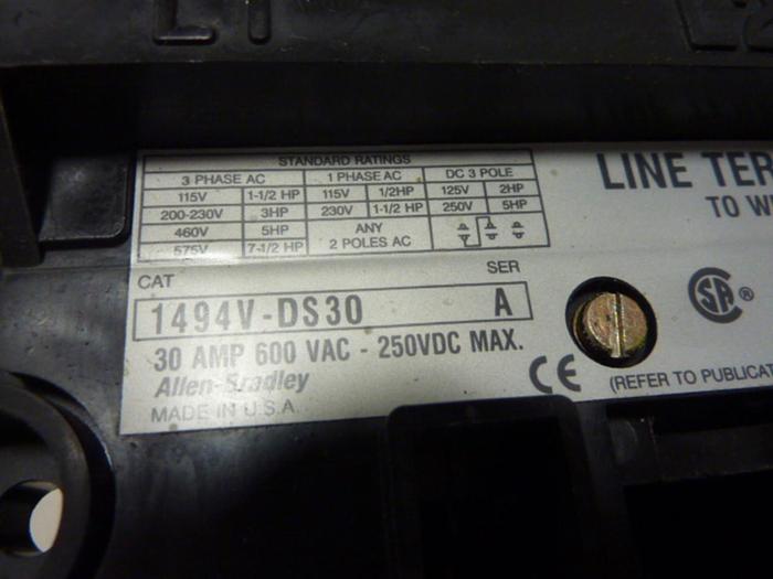 Used ALLEN BRADLEY 30 Amp Disconnect Switch 1494V-DS30 SER A #57407