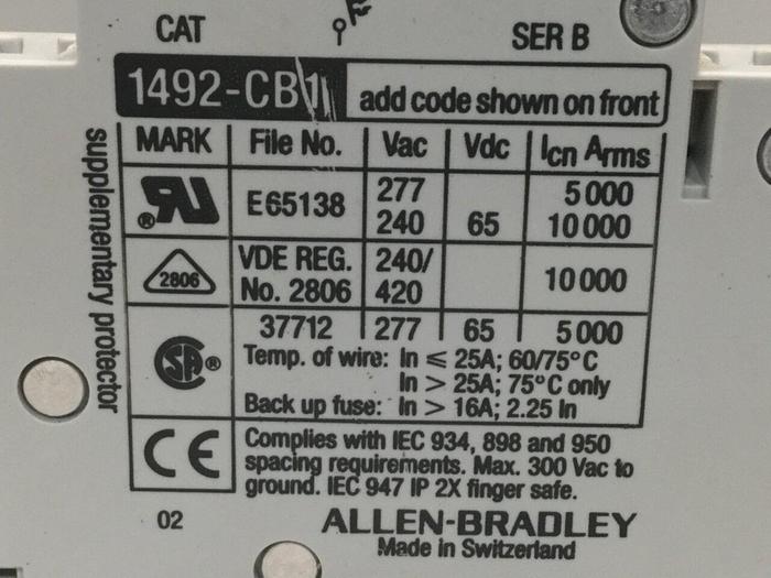 Used ALLEN BRADLEY 4 Amp Circuit Breaker 1492-CB1/G040 SER B #104754