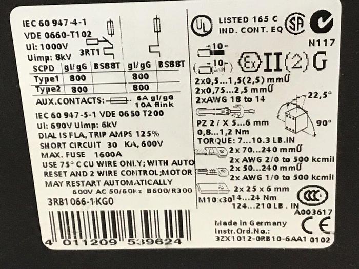 Used SIEMENS Overload Relay 3RB1066-1KG0 #122464
