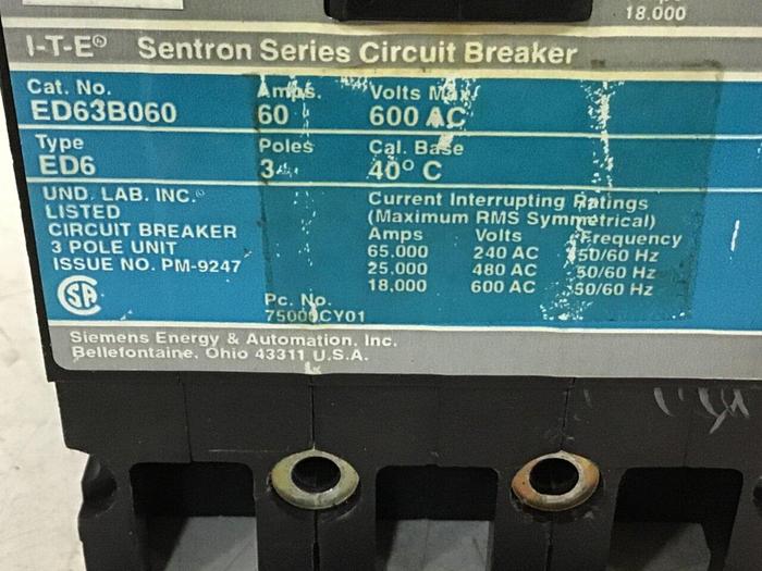 Used SIEMENS 60 Amp Circuit Breaker ED63B060 Used