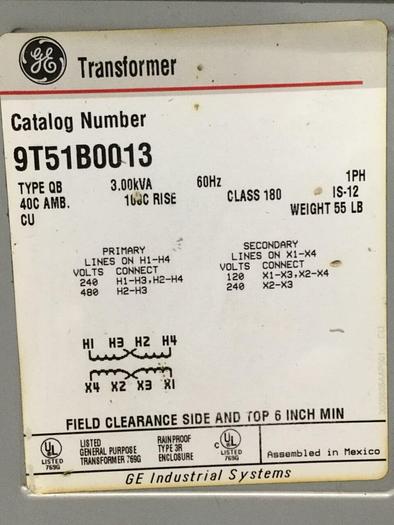 Used GENERAL ELECTRIC 3.00 kVA Transformer 9T51B0013 #107898