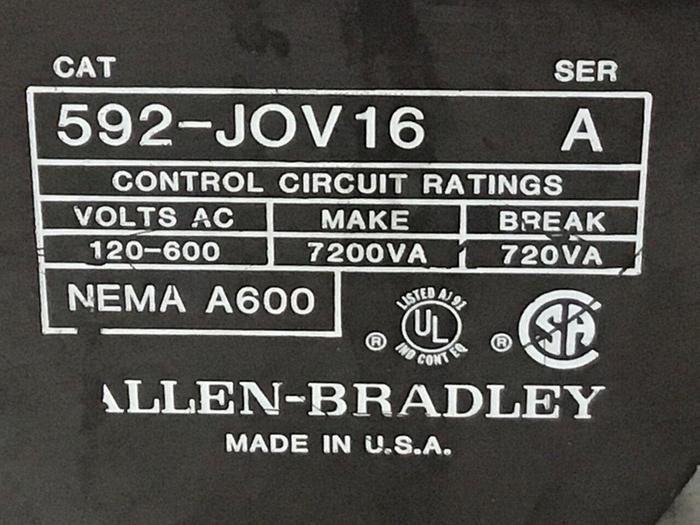 Used ALLEN BRADLEY Overload Relay 592-JOV16 #124136