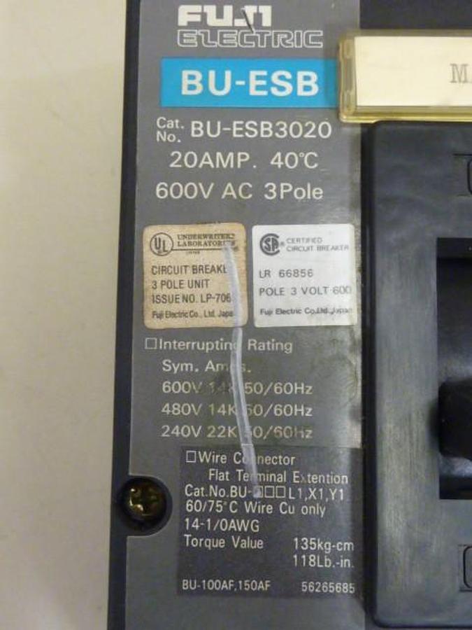 Used FUJI ELECTRIC 20 Amp Circuit Breaker BU-ESB3020 Used