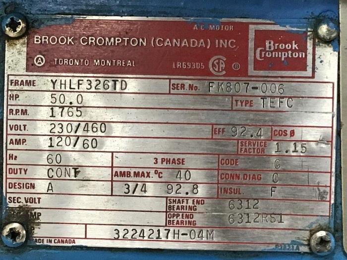 Used BROOK CROMPTON 50 HP Motor 3224217H-04M Used