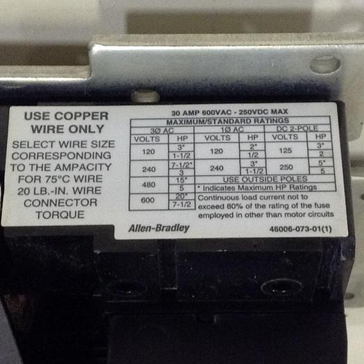 Used ALLEN BRADLEY Line Terminal Guard Disconnect 1494V-DS30 SER D #86378