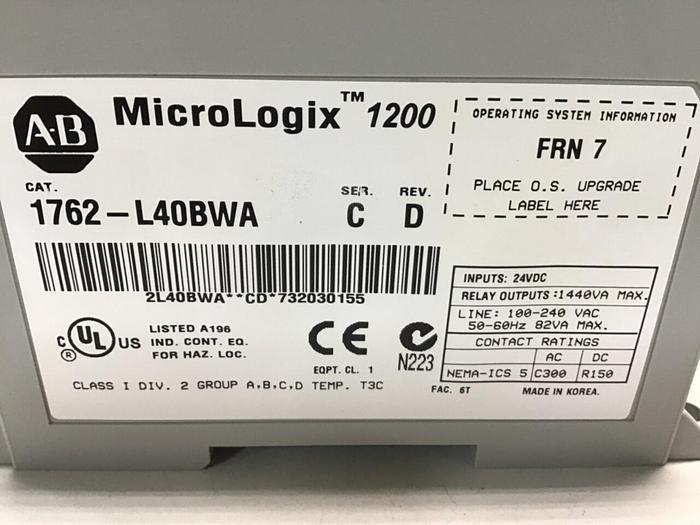 Used ALLEN BRADLEY MicroLogix 1200 1762-L40BWA SER C #144873