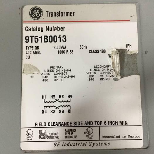 Used GENERAL ELECTRIC 3.00 kVA Transformer 9T51B0013 #91171