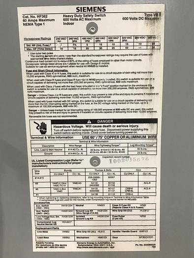 Used SIEMENS Heavy Duty Safety Disconnect Switch HNF362 #130228