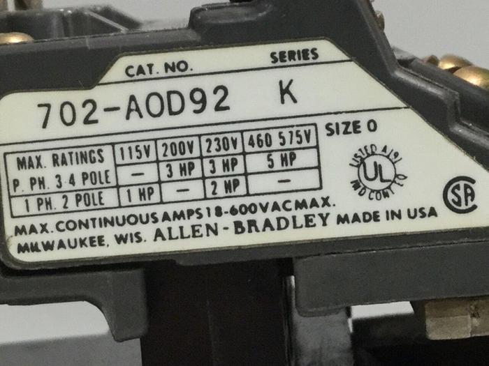 Used ALLEN BRADLEY Contactor 702-AOD92 SER K #104588