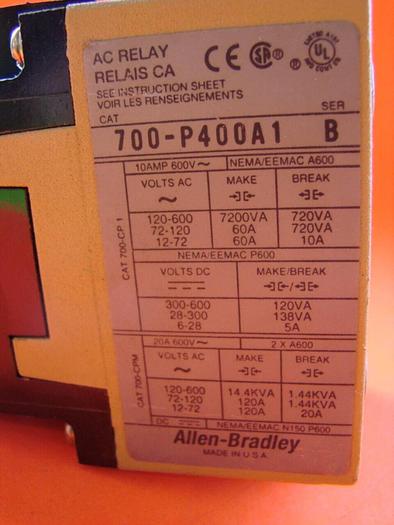Used ALLEN BRADLEY AC Relay 700-P400A1 SER B Used #10320