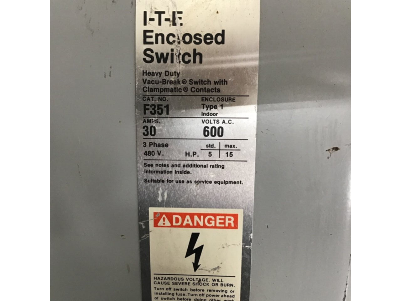 Used SIEMENS 30 Amp ITE Heavy Duty Vacu-Break F-351 USED